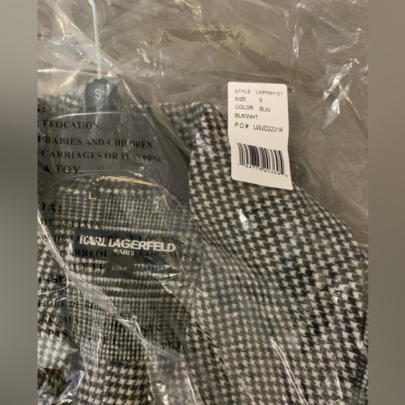 NEW KARL LAGERFELD PLAID WOOL DRAPE COLLAR FAUX LEATHER SLEEVE COAT SIZE:SMALL - Picture 6 of 16